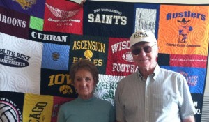 Five grown kids collect t shirts from their own kids.  Quilt is presented to grandparents on their 60th Anniversary.  Wow!