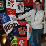 T-shirt quilt with royal blue backing and bright pink binding.